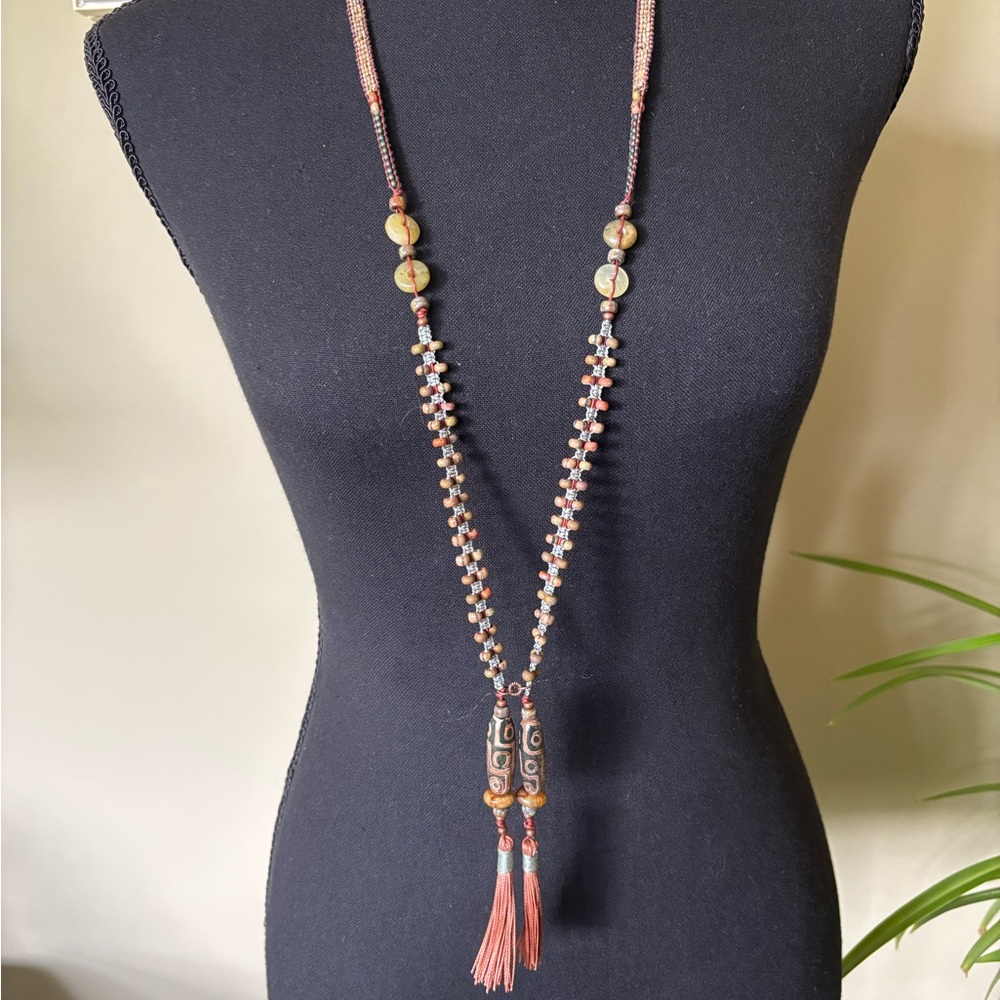 Long Beaded Leather Wrapped and Macrame Lariat Necklace with Earthy Tones